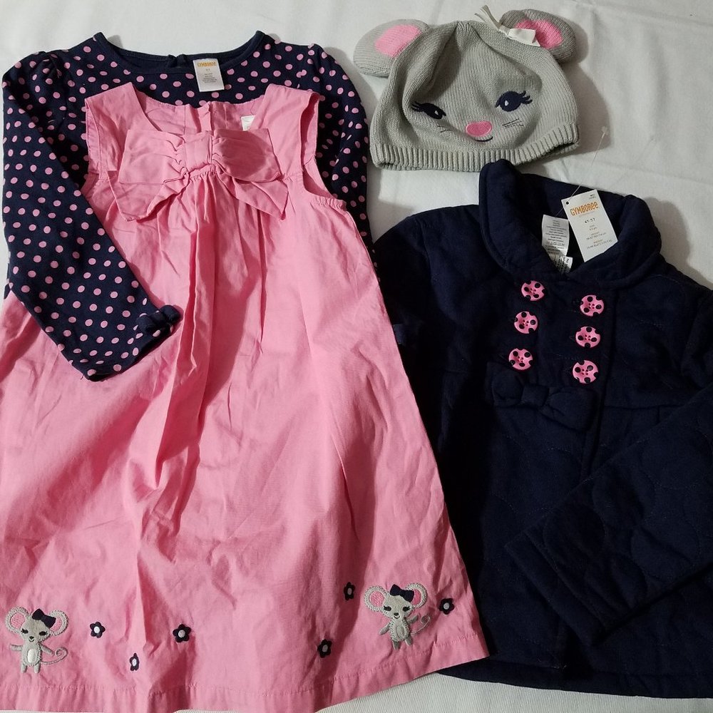 Gymboree Vintage Miss Mouse NWT 4T-5T Coat, Used Hat, 5T Used Dress & shirt.